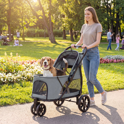 Dog Stroller, 3 Wheels Pet Stroller with Dual Entry, Easy One-Click Quick Fold, Mesh Windows, Washable Cushion