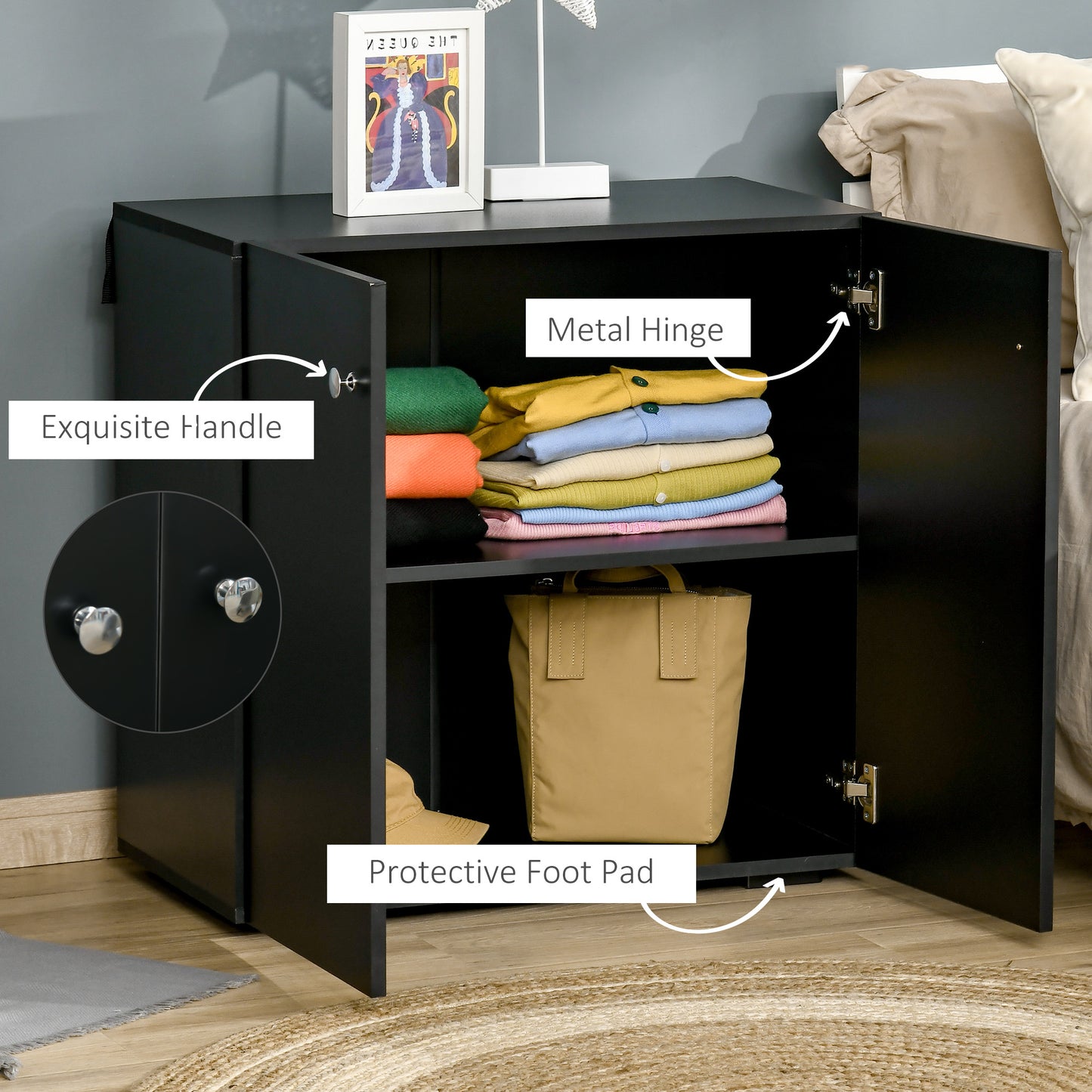 2 Tier Bookcase, Wooden Storage Cabinet with 2 Doors, Freestanding Sideboard for Living Room, Home Office and Study, Black
