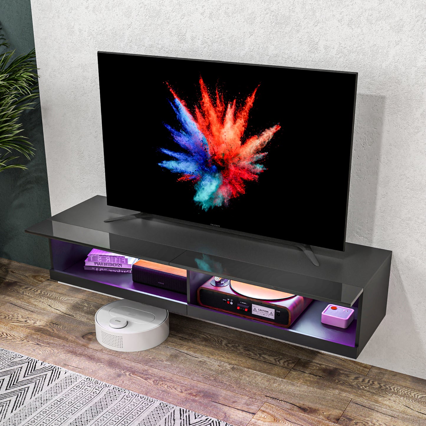 Floating TV Unit, Wall Mounted TV Cabinet for TVs up to 65", High Gloss Media Wall Unit with LED Lights, Storage Shelves