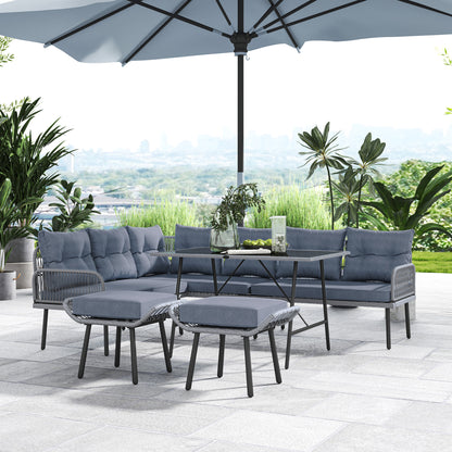 6 Piece Rattan Garden Furniture Set, 8 Seater Garden Corner Sofa with Cushions and Glass Top Table