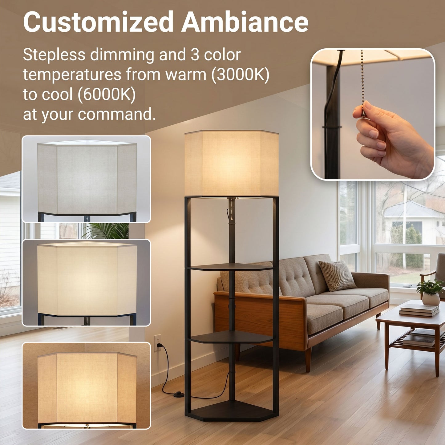 Corner Floor Lamp with Shelves and Lights, Modern Dimmable Standing Lamp with 3000K/4000K/6000K Colour Temperature