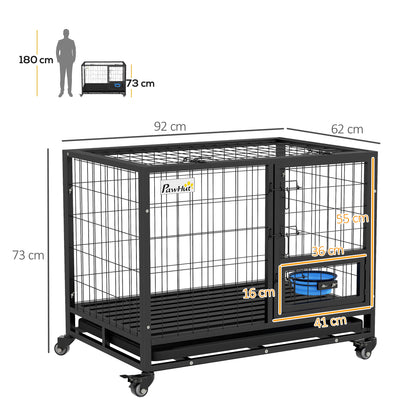 Heavy Duty Dog Crate on Wheels w/ Bowl Holder, Removable Tray, Openable Top, Detachable Door, for M, L Dogs