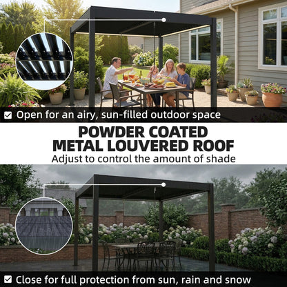 3 x 3 m Louvered Pergola with LED Lights, Metal Louvres, Aluminium Patio Gazebo Pergola, Dark Grey
