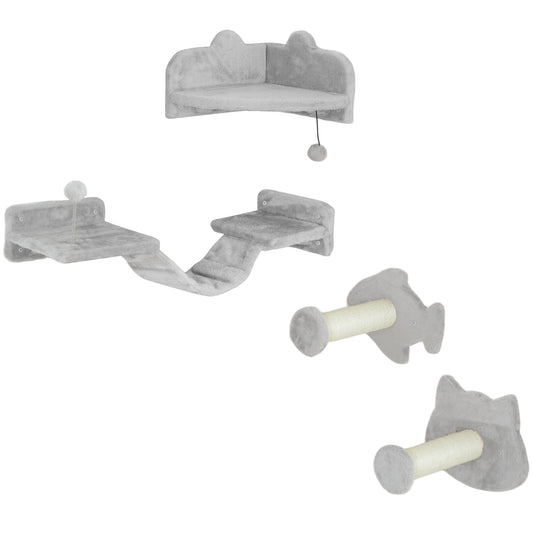 4-Piece Cat Wall Shelves with Steps, Ladder, Jumping Platforms, Light Grey