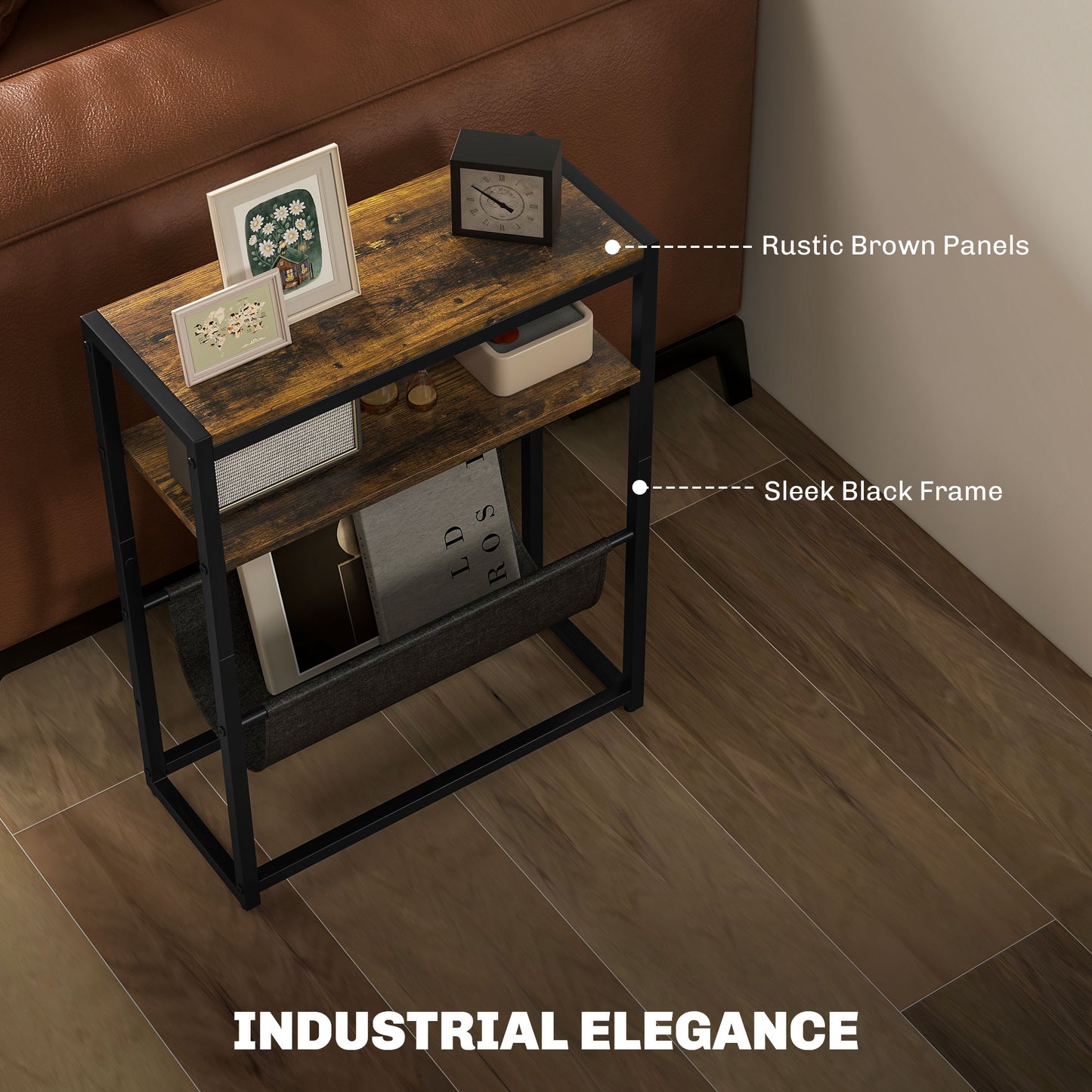 Narrow Side Table, End Table with 3-Tier Storage, V-Shaped Magazine Holder for Living Room, Bedroom, 43 x 18 x 56 cm, Ru