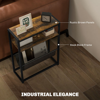 Narrow Side Table, End Table with 3-Tier Storage, V-Shaped Magazine Holder for Living Room, Bedroom, 43 x 18 x 56 cm, Ru