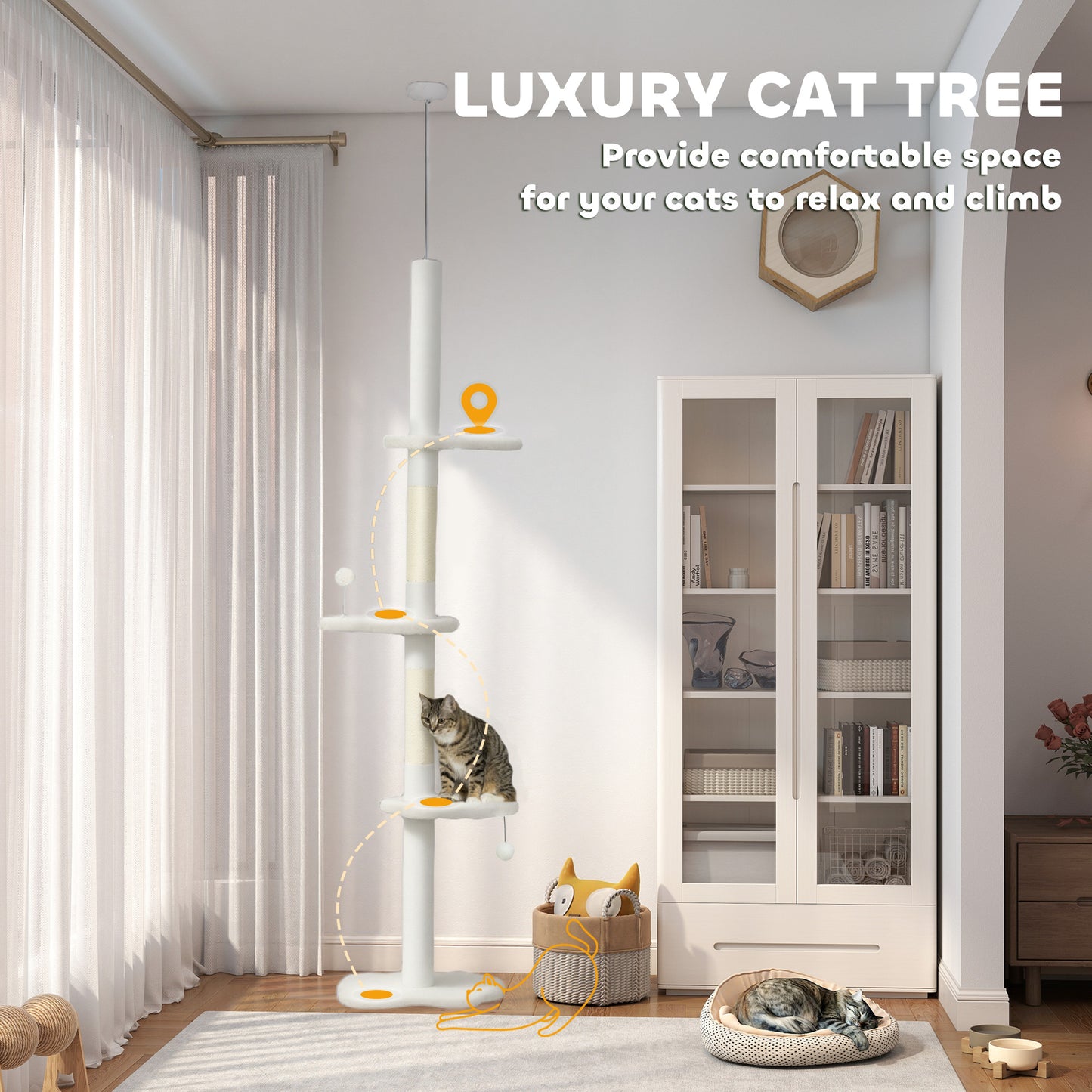 225-255 cm Adjustable Cat Climbing Tower with Sisal Scratching Posts, 2 Hanging Play Balls and Anti-Tip Strap, Beige