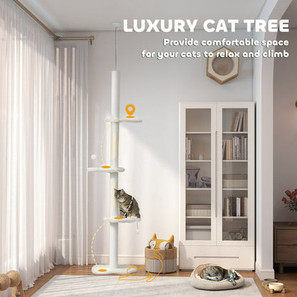 225-255 cm Adjustable Cat Climbing Tower with Sisal Scratching Posts, 2 Hanging Play Balls and Anti-Tip Strap, Beige