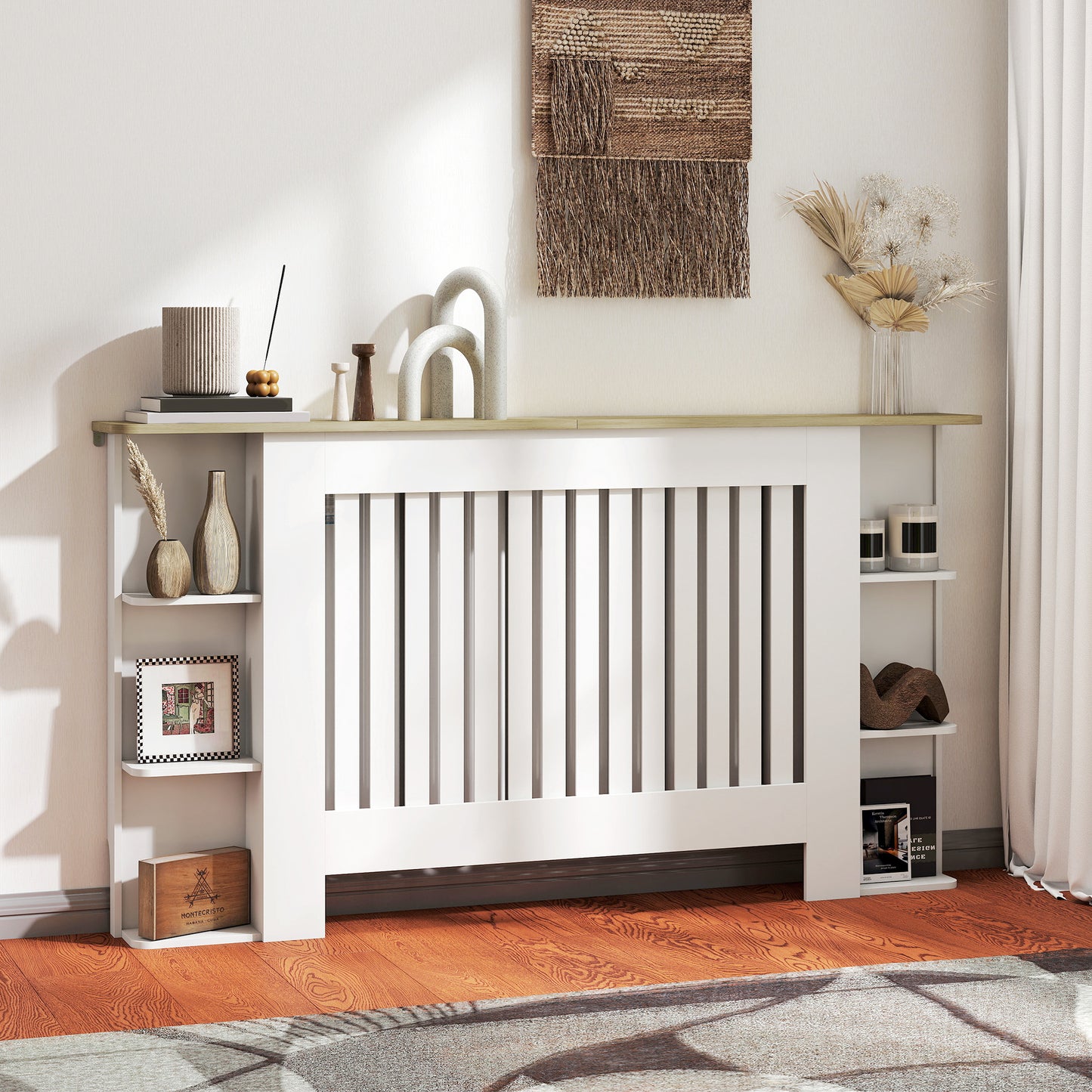 Radiator Cover with Open Storage Shelves, Vertical Slatted Cabinet Shelf Heater Cover for Living Room, Hallway, Large, White