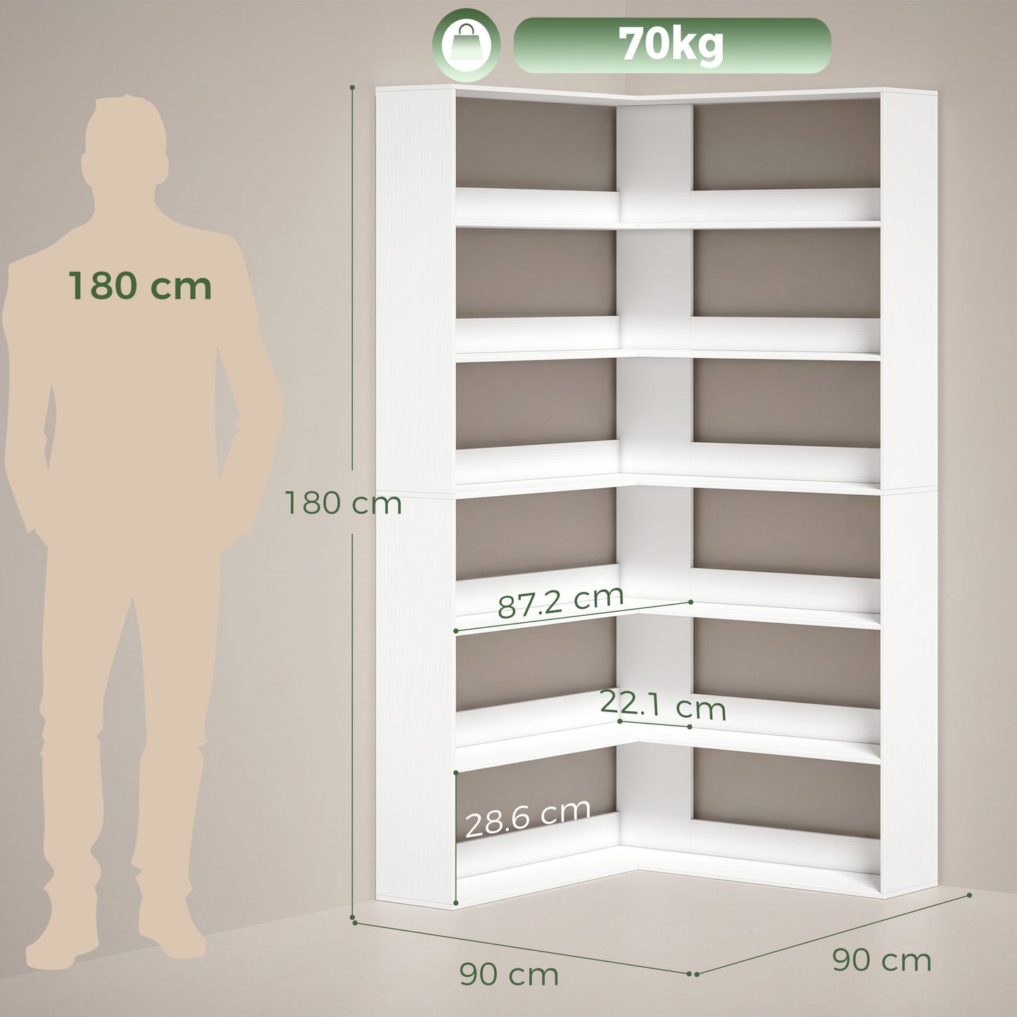 7 Tiers Bookshelf, L-Shaped Corner Bookcase with Anti-Slip Rear Guard, White Wood Effect