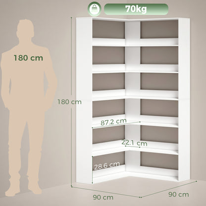 7 Tiers Bookshelf, L-Shaped Corner Bookcase with Anti-Slip Rear Guard, White Wood Effect