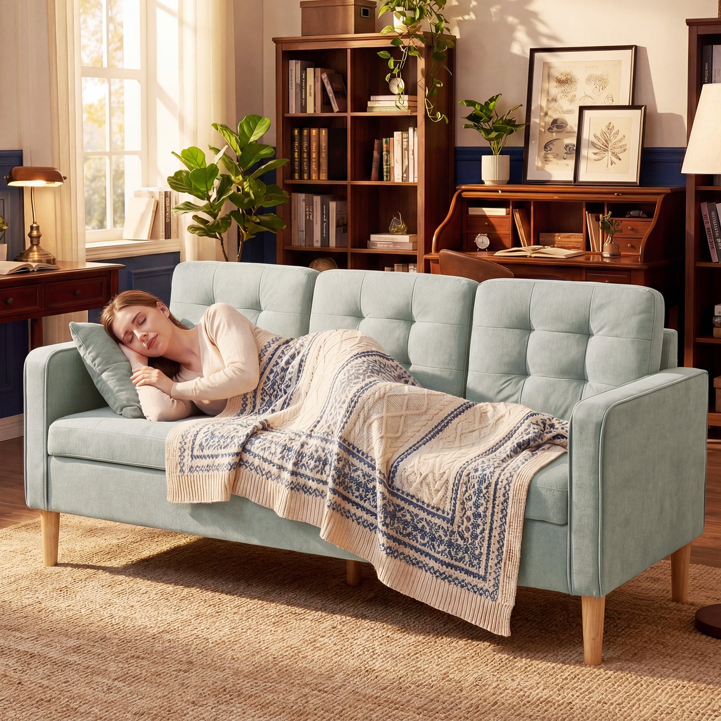 3 Seater Sofa, 169cm Couch with Hidden Storage, Wood Legs, Light Grey