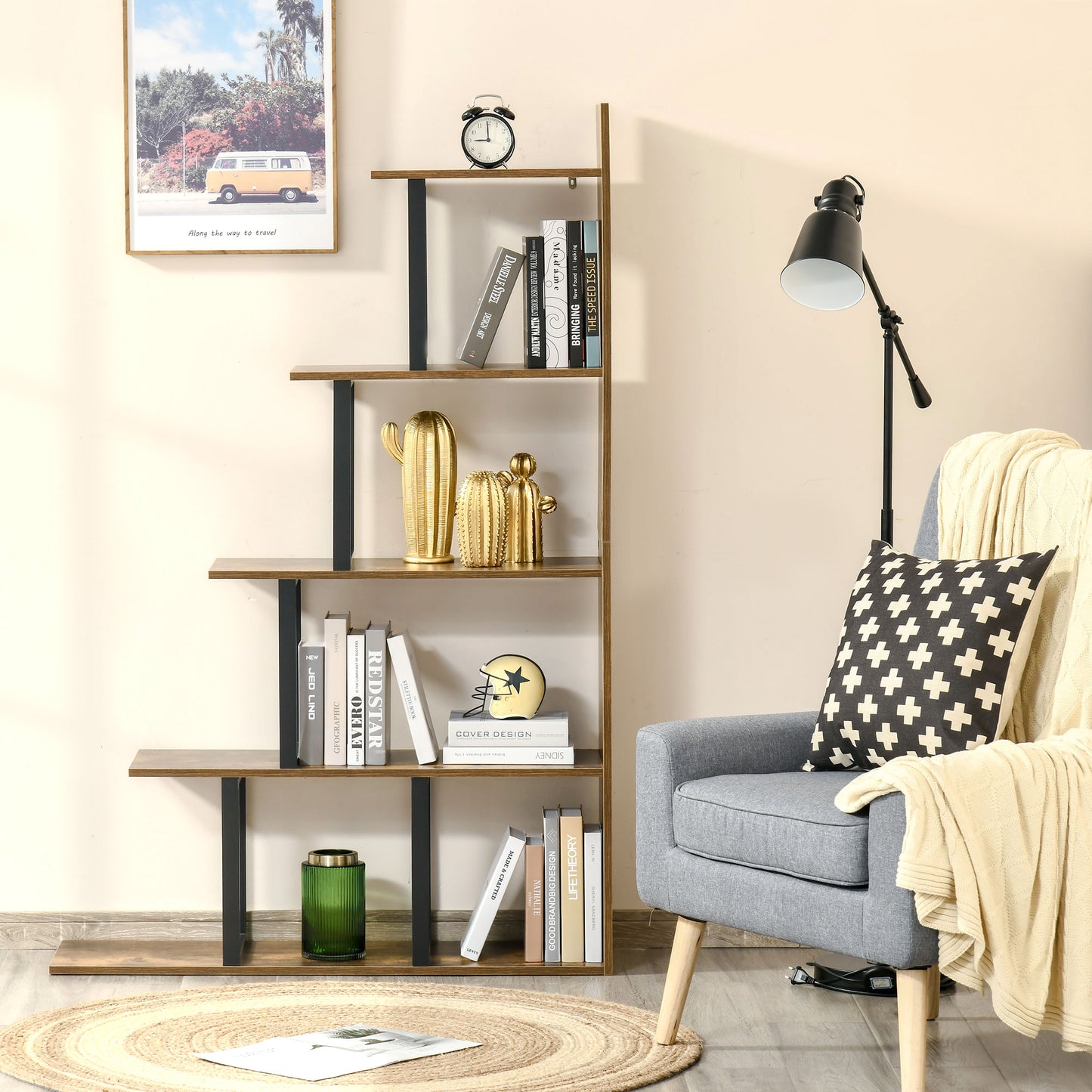 5-Tier Bookcase, Wooden Ladder Bookshelf Display Stand, Rustic Brown