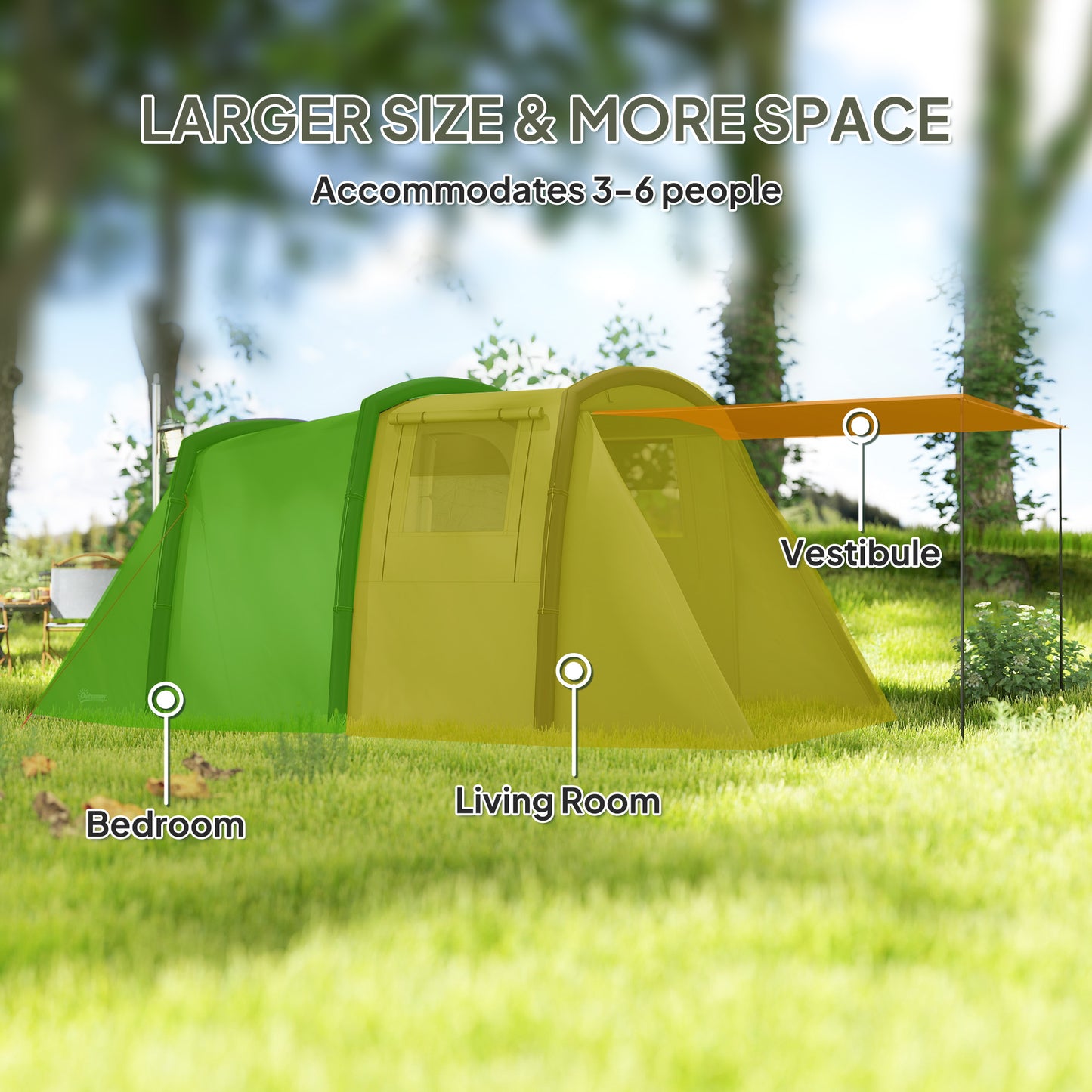 Inflatable 3-4 Man Tunnel Tent w/ Air Pump, Living Area & Vestibule, Waterproof Family Camping Air Tent, Sewn In Groundsheet