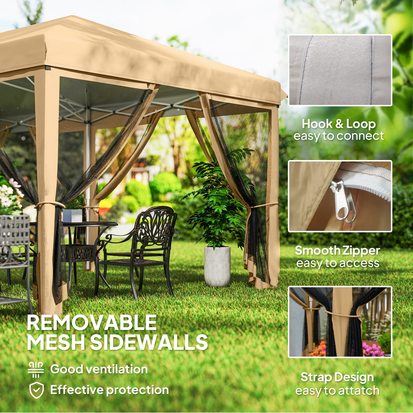 3 x 6m Pop Up Gazebo, Outdoor Canopy Shelter, Marquee Party Wedding Tent with 6 Mesh Walls and Carry Bag, Beige