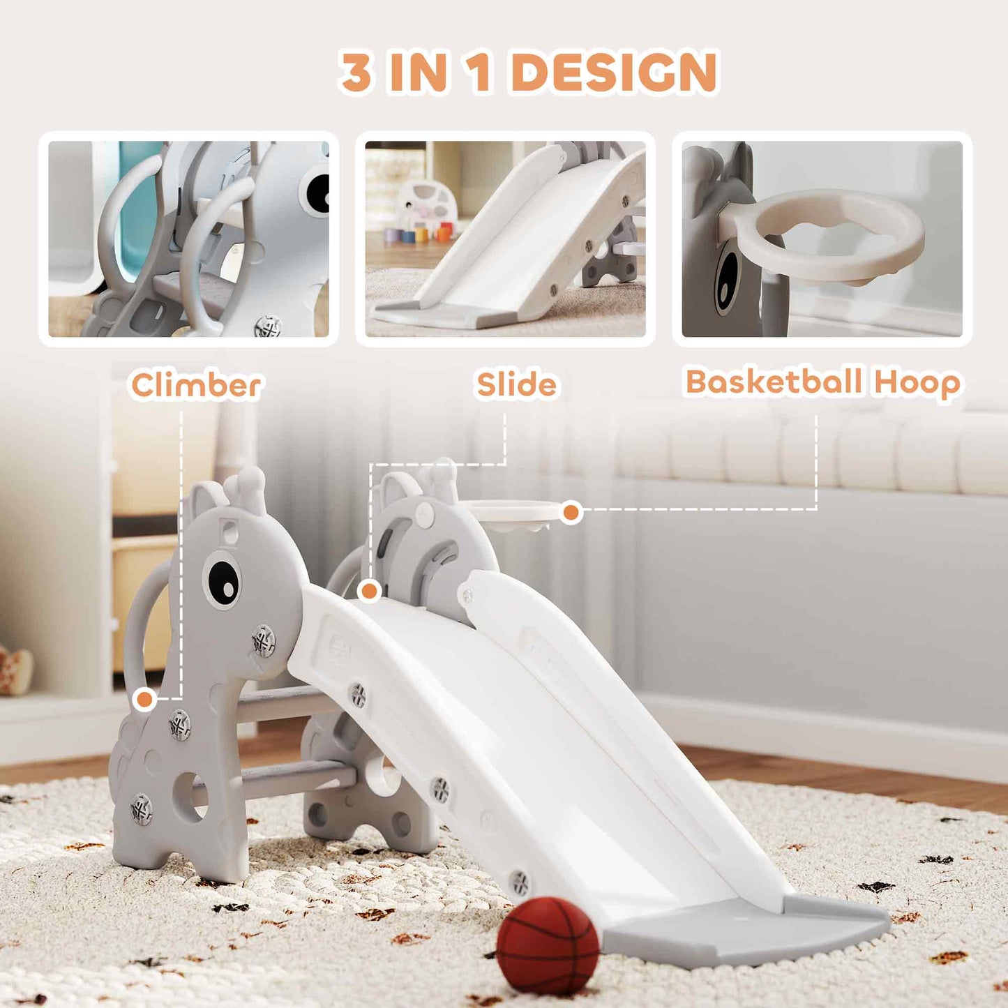 3 in 1 Kids Slide with Climber, Basketball Hoop and Ball, Giraffe Shape Climber Slide for Indoor Kids Age 1-3, Grey
