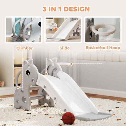 3 in 1 Kids Slide with Climber, Basketball Hoop and Ball, Giraffe Shape Climber Slide for Indoor Kids Age 1-3, Grey