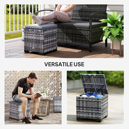 Set of 2 Rattan Storage Ottoman, Outdoor Footstool with Removable Cushions, Garden Storage Seat for Balcony, Porch