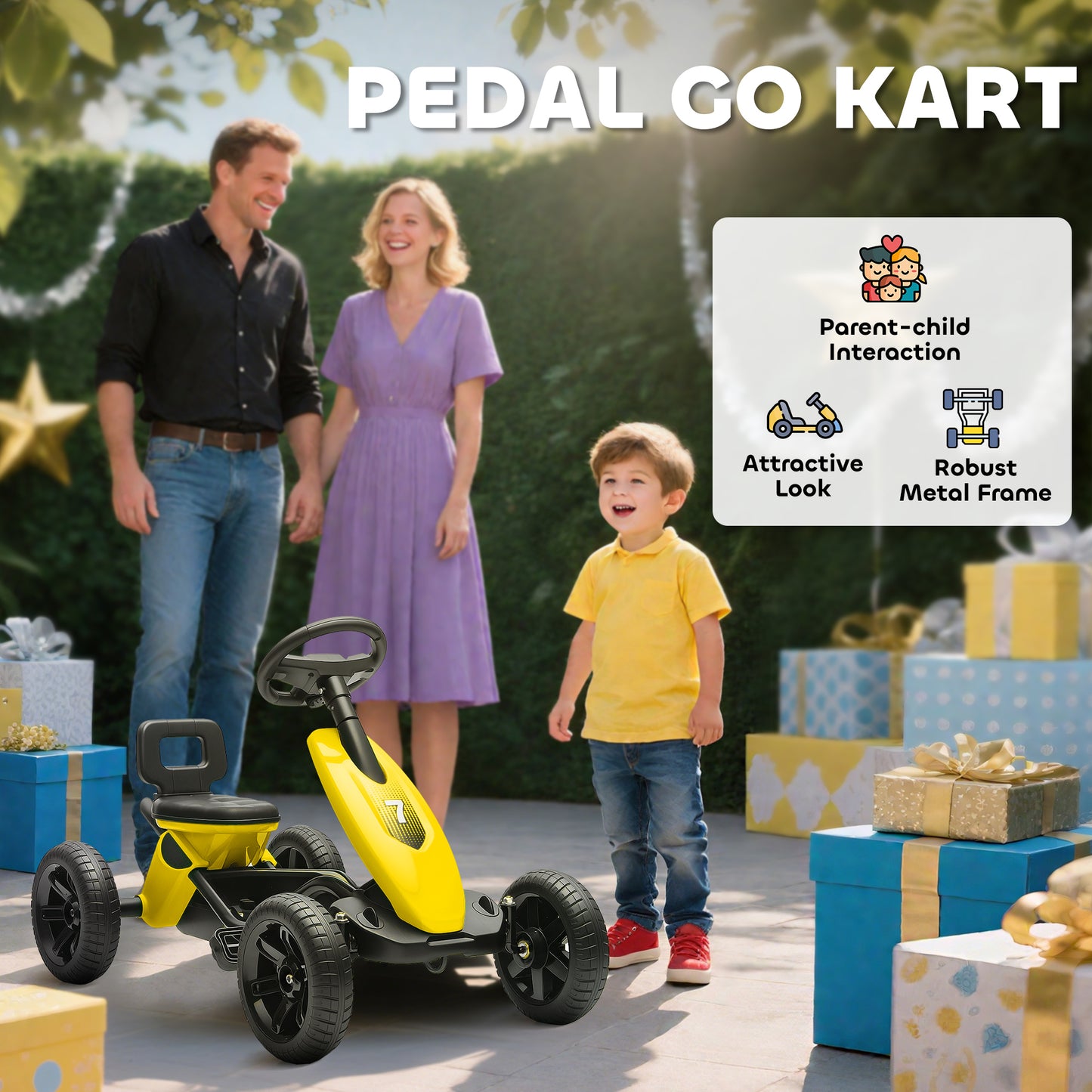 Pedal Go Kart for Kids 2-5 Years, with Silent EVA Wheels, Metal Frame, Yellow