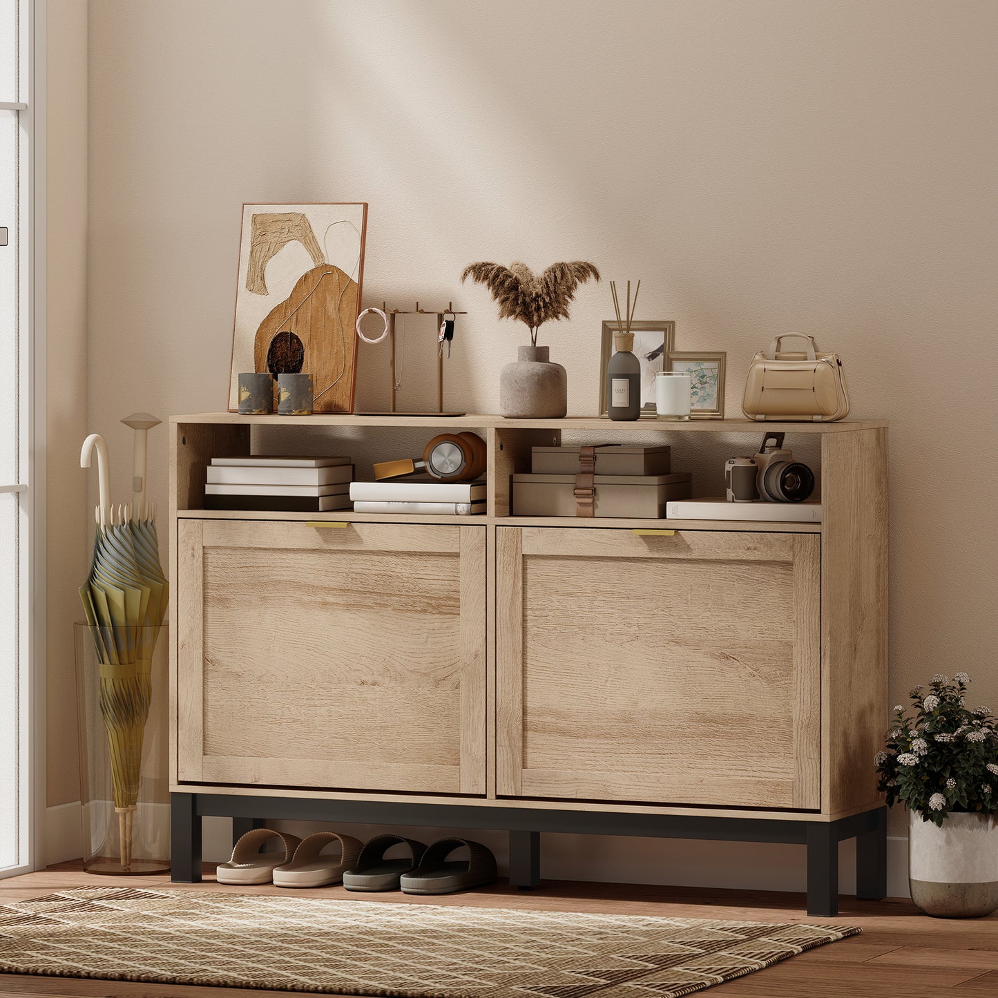 Shoe Cabinet with 2 Flip Drawers, Narrow Shoe Storage Top for Entryway Hallway, Walnut Brown