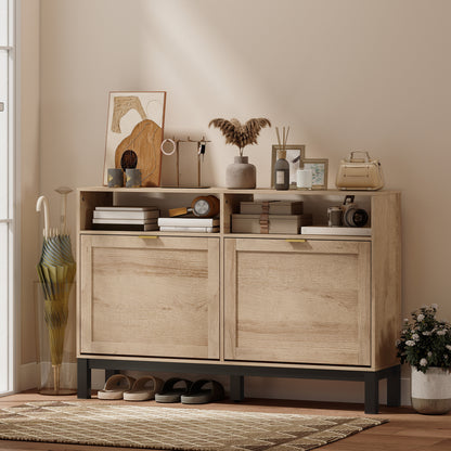 Shoe Cabinet with 2 Flip Drawers, Narrow Shoe Storage Top for Entryway Hallway, Walnut Brown