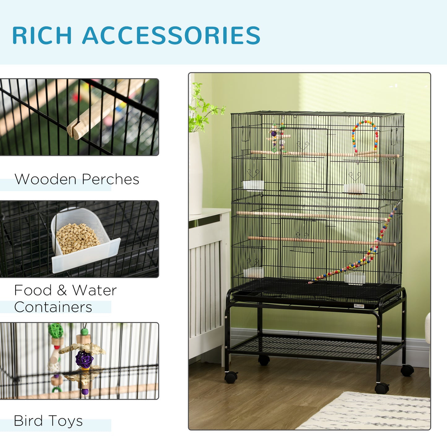 Large Bird Cage Budgie Cage with Stand, Toys, Wheels, Accessories, Storage Shelf for Canaries, Finches, Lovebirds