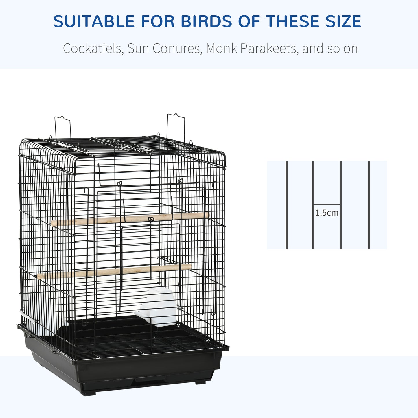 Steel Bird Cage with Openable Top, Stand, Tray, Handles, Feeding Bowls for Parakeet Cockatiel - Black