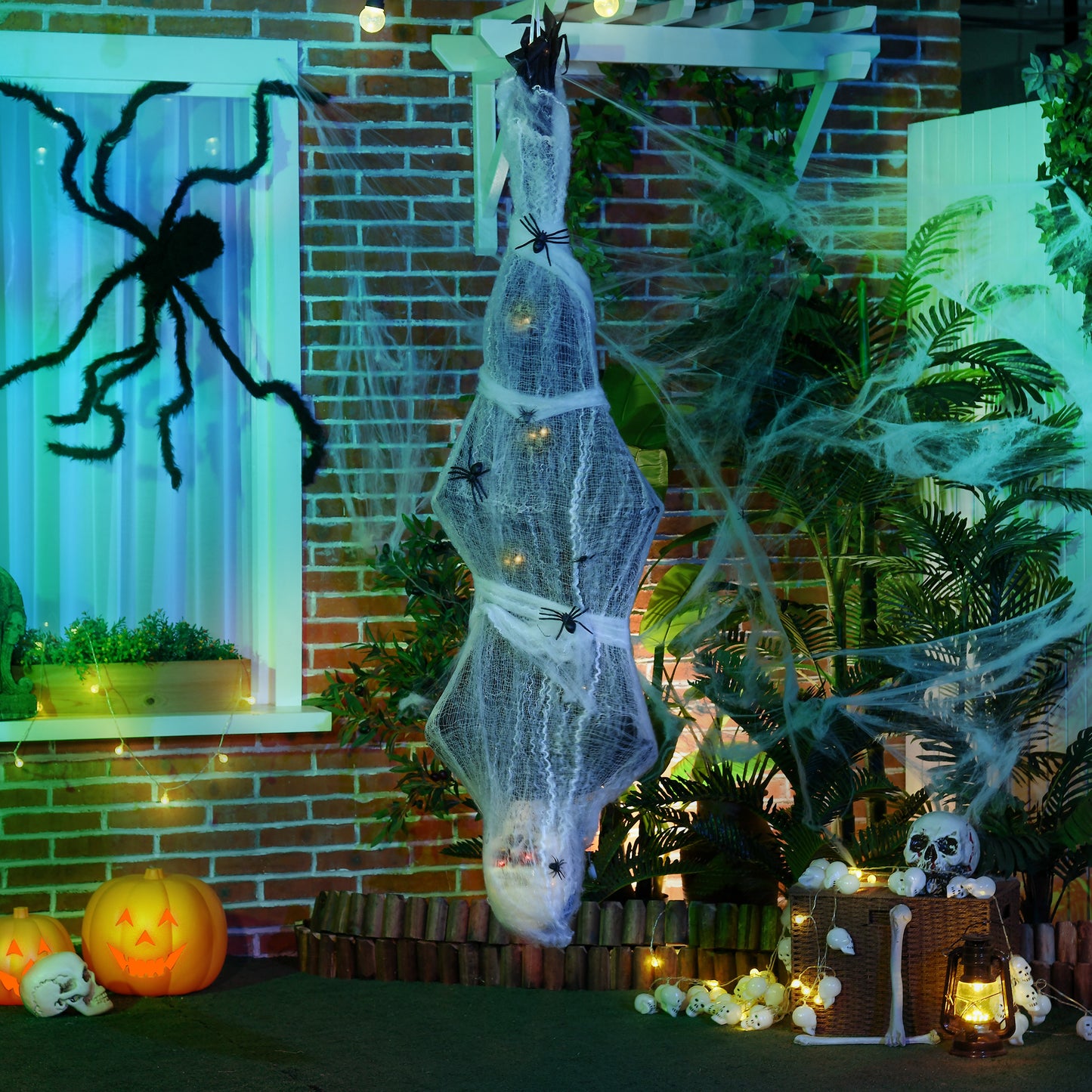 4.7ft Life Size Outdoor Halloween Decoration Hanging Mummy with Spider Web, Animated Prop Decor