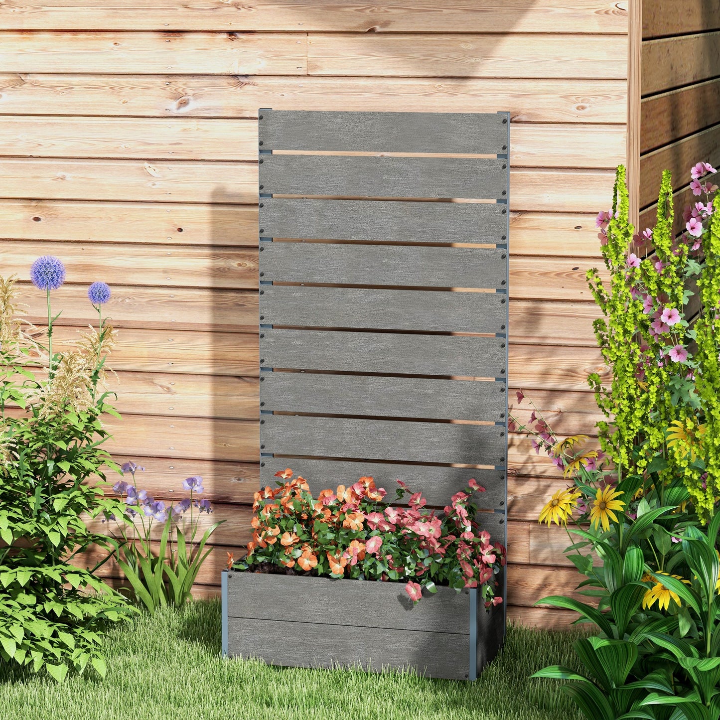 34 x 69.5cm Garden Planter Box, with Back Trellis, Grey