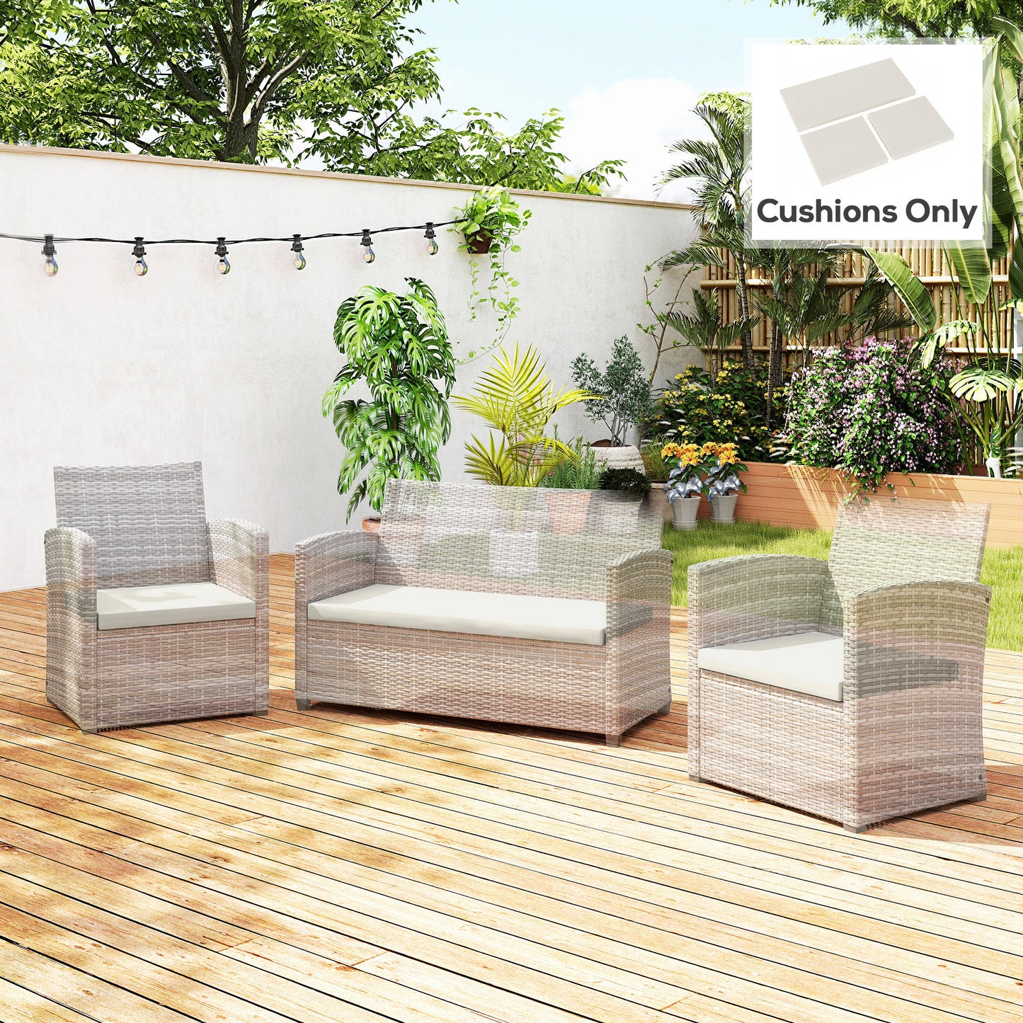 Outdoor Seat Cushion Pads for Rattan Furniture, 3 PCs Garden Furniture Cushions, Cream White