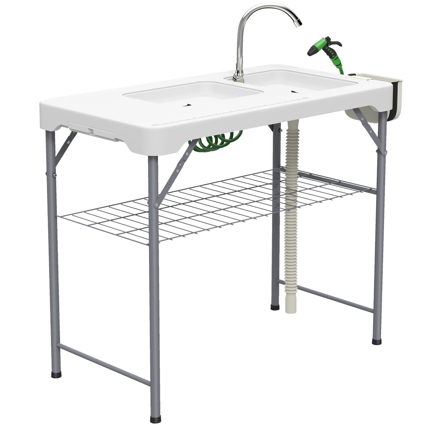 Folding Fish Cleaning Table with Sinks, Portable Camping Sink Table with Faucet, Drainage Hose