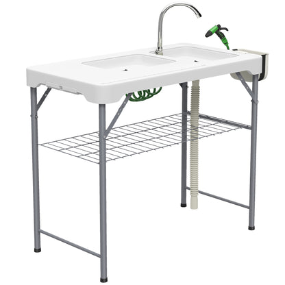 Folding Fish Cleaning Table with Sinks, Portable Camping Sink Table with Faucet, Drainage Hose