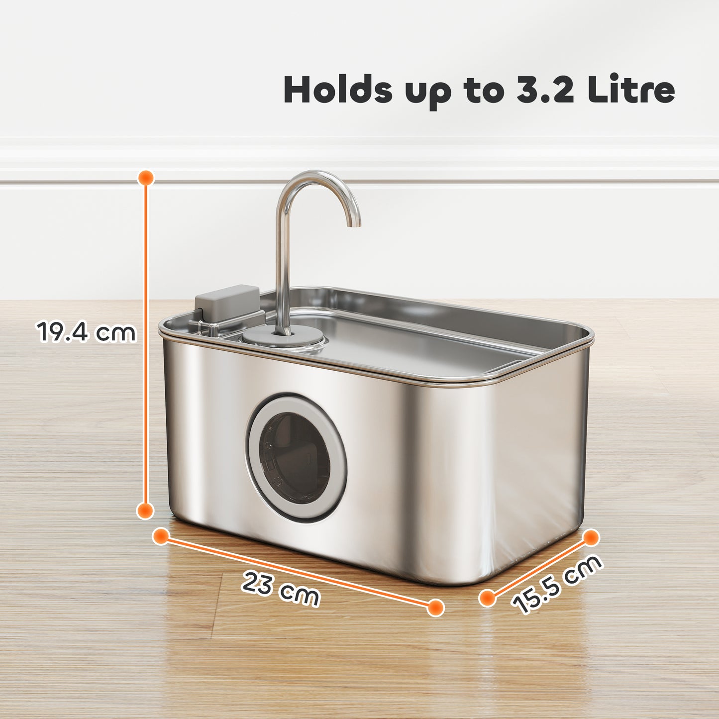 3.2L Cat Water Fountain for Drinking, Cat Fountain Stainless Steel with Visible Water-Level Window, Ultra-Silent Pump