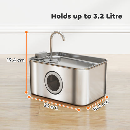 3.2L Cat Water Fountain for Drinking, Cat Fountain Stainless Steel with Visible Water-Level Window, Ultra-Silent Pump