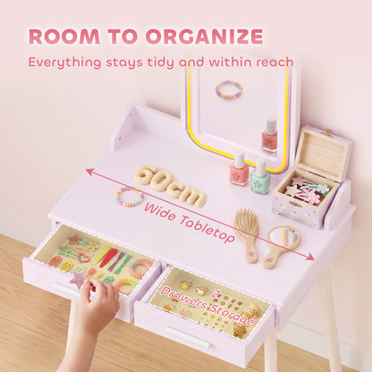 Kids Dressing Table, Girls Vanity Set with Stool, 3-Colour LED Lights Mirror, Large Drawer for Ages 3-8, Pink