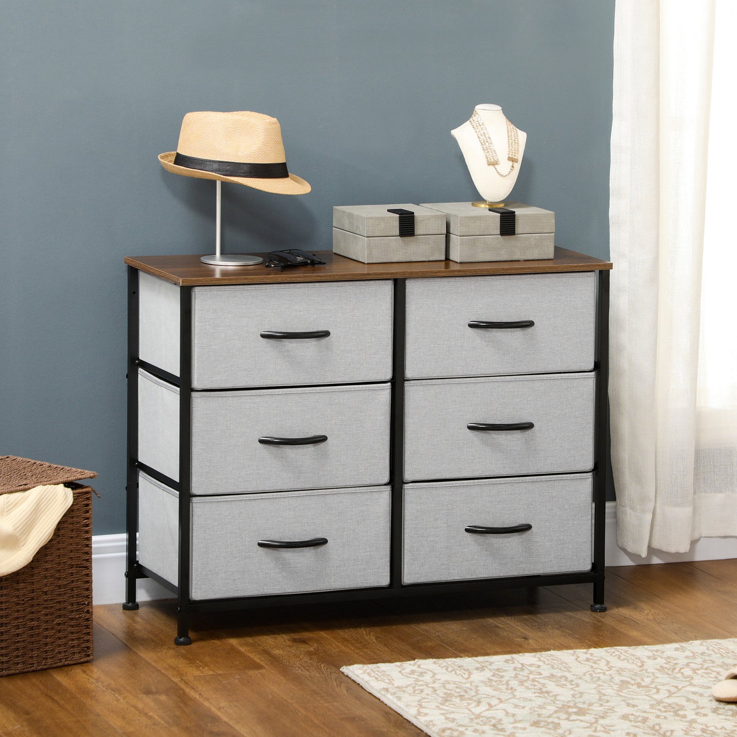 Fabric Chest of Drawers, Storage Drawers, Industrial Bedroom Dresser with 6 Fabric Drawers