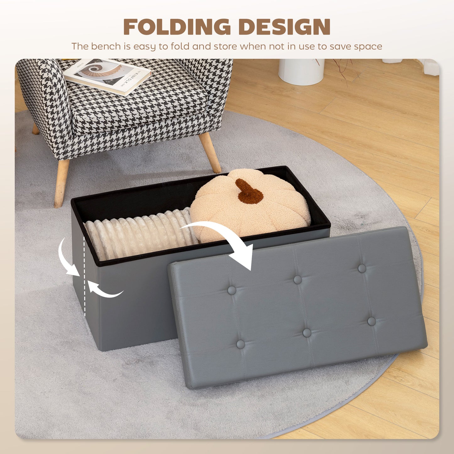 Storage Ottoman Bench, 89L PU Leather Folding Foot Rest Stool, End of Bed Bench, Easy Assembly, for Living Room, Bedroom