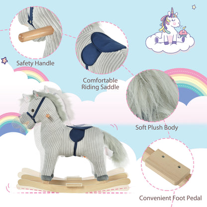 Kids Plush Rocking Horse w/ Sound Children Rocker Ride On Toy Gift 3-6 Years Grey
