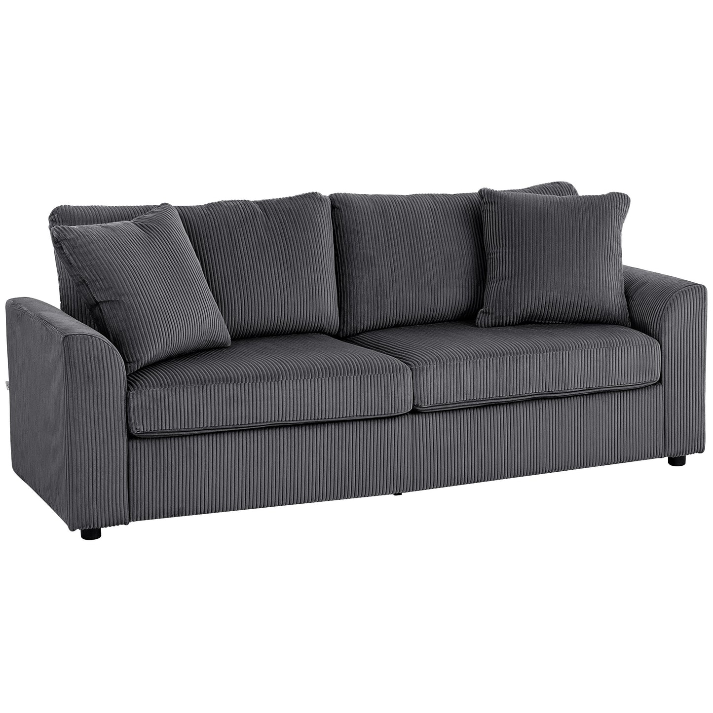 3 Seater Sofa, 212cm Corduroy Couch with Spring Cushion, Wide and Deep Seat, Plush Backrest, 2 Pillows