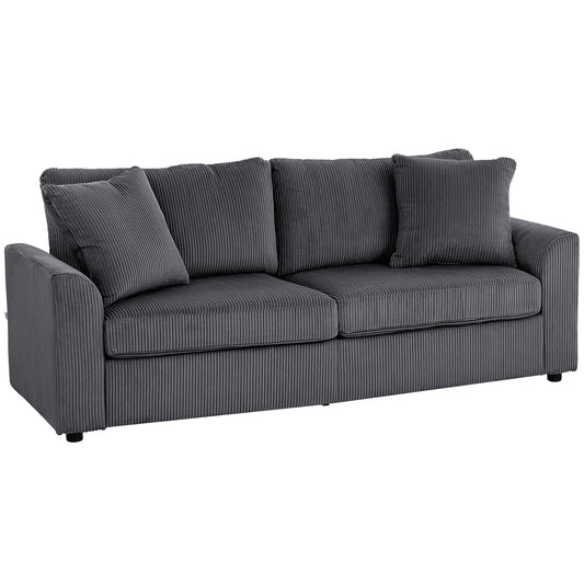 3 Seater Sofa, 212cm Corduroy Couch with Spring Cushion, Wide and Deep Seat, Plush Backrest, 2 Pillows