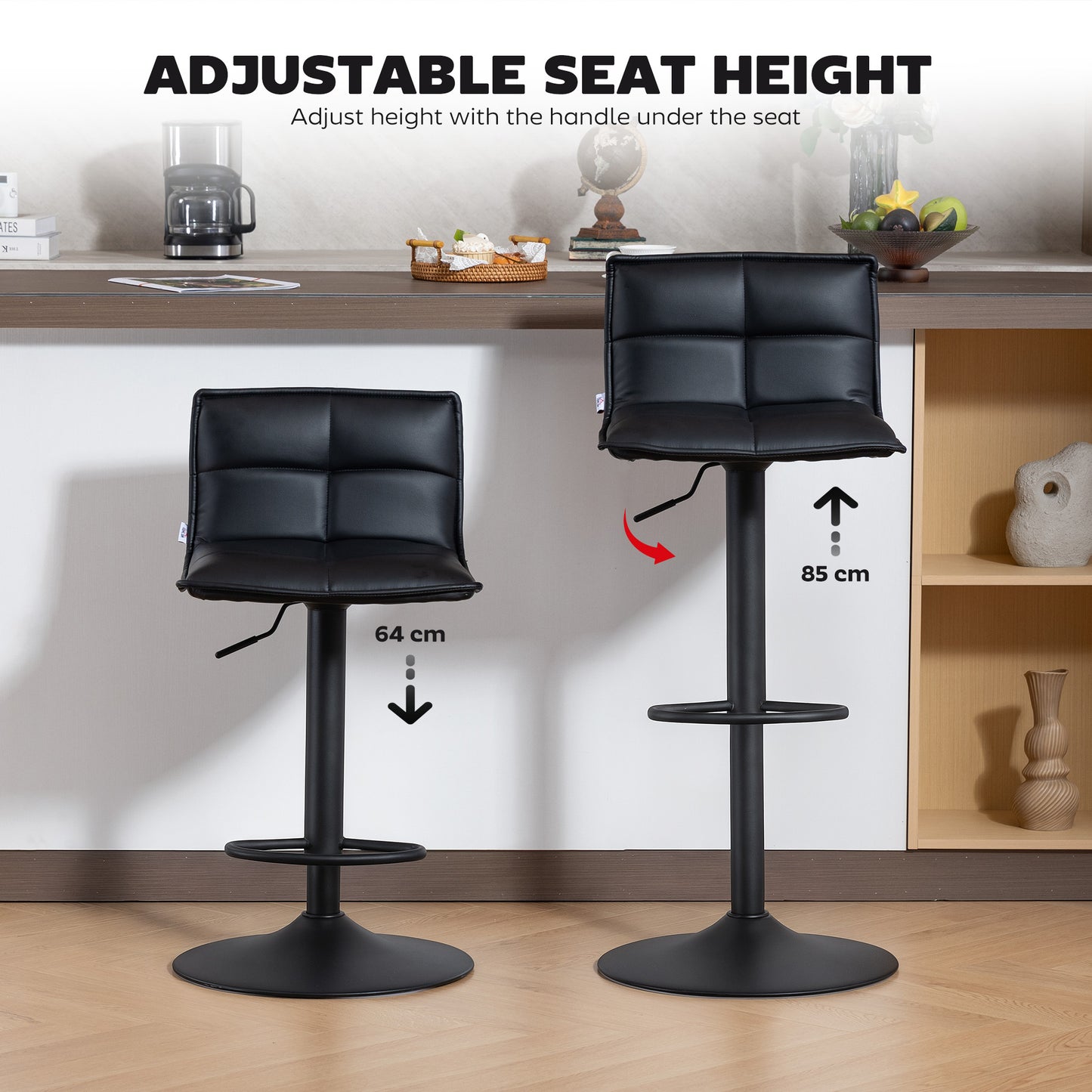 Set of Two Modern Faux Leather Bar Stools - Black