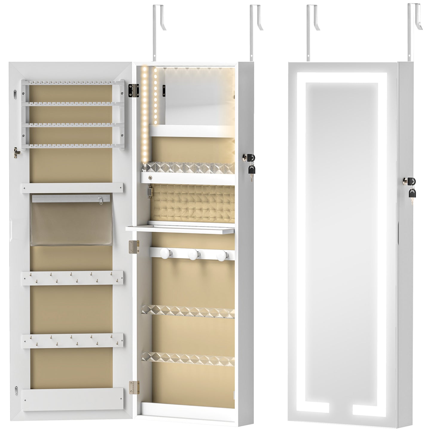 LED Mirror Jewellery Cabinet, Wall Mounted Full Length Mirror with Storage, Lockable Jewellery Organiser, White