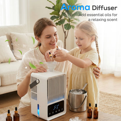 Portable Air Conditioner, 4-in-1 Mini Air Cooler with 3 Wind Speed, 2 Mist Mode, 7 Colour RGB Light, Black and White