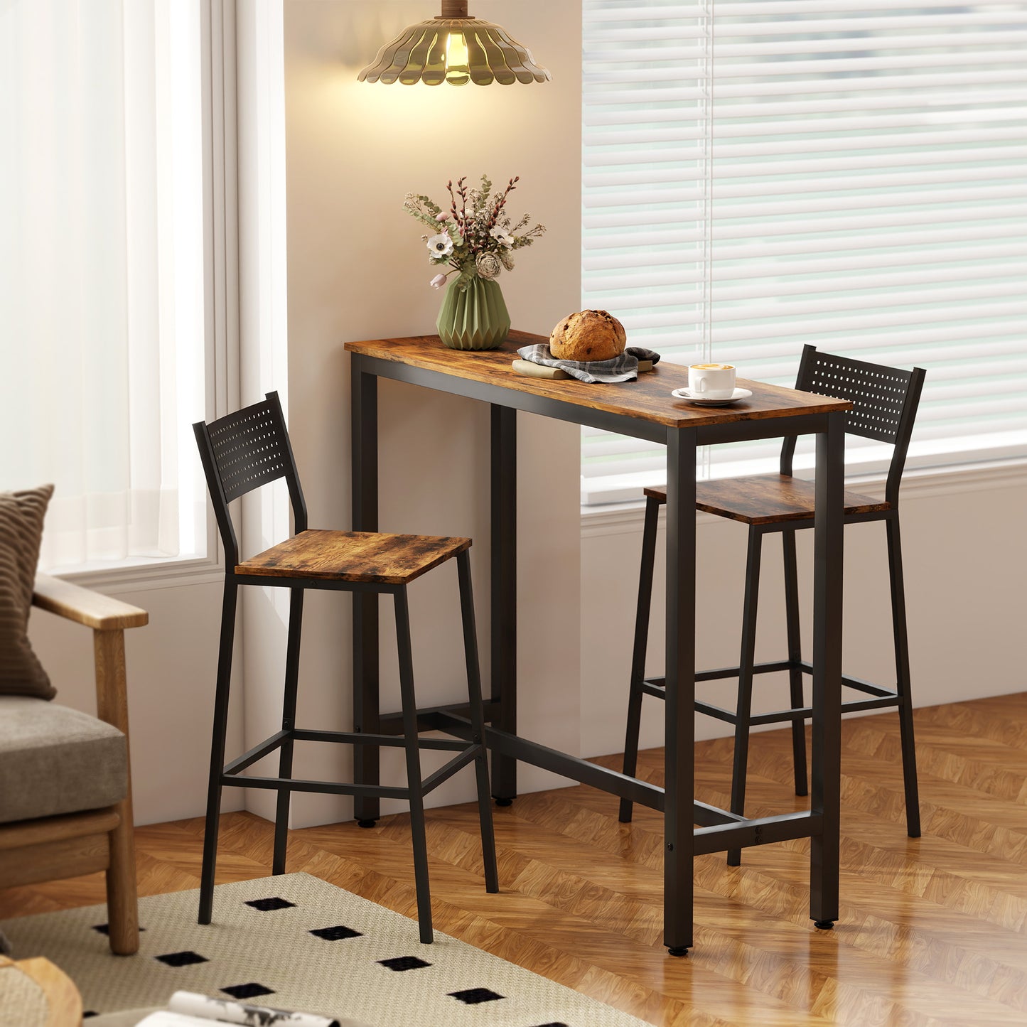 Rectangular Bar Table, Wood Effect Pub Coffee Table for Small Space, Breakfast Dining, Kitchen, Industrial, Rustic Brown