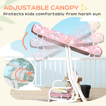 Kids Porch Swing, 2-Seater Patio Swing Bench Hammock with Seat Belts, Adjustable Canopy for Garden, Pink