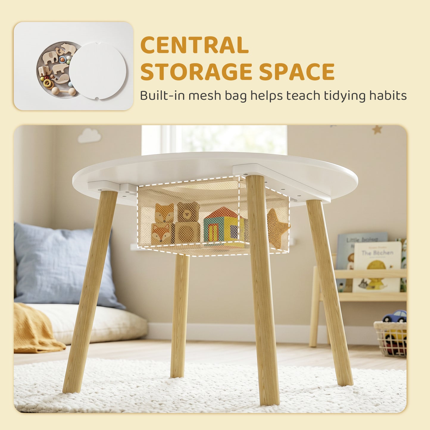Kids Table and Chairs Set with Storage Bag Toddler Table and Chairs Set 3 Piece for Playroom White