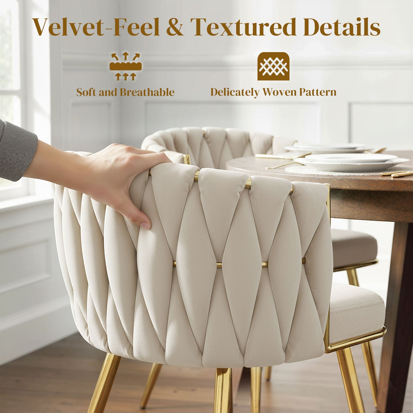 Velvet-Feel Dining Chairs Set of 2, Modern Upholstered Armchair with Knot Design and Golden Metal Legs
