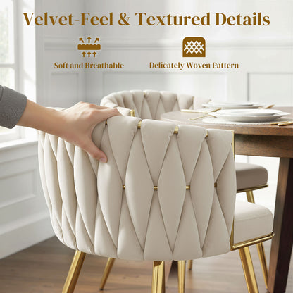 Velvet-Feel Dining Chairs Set of 2, Modern Upholstered Armchair with Knot Design and Golden Metal Legs