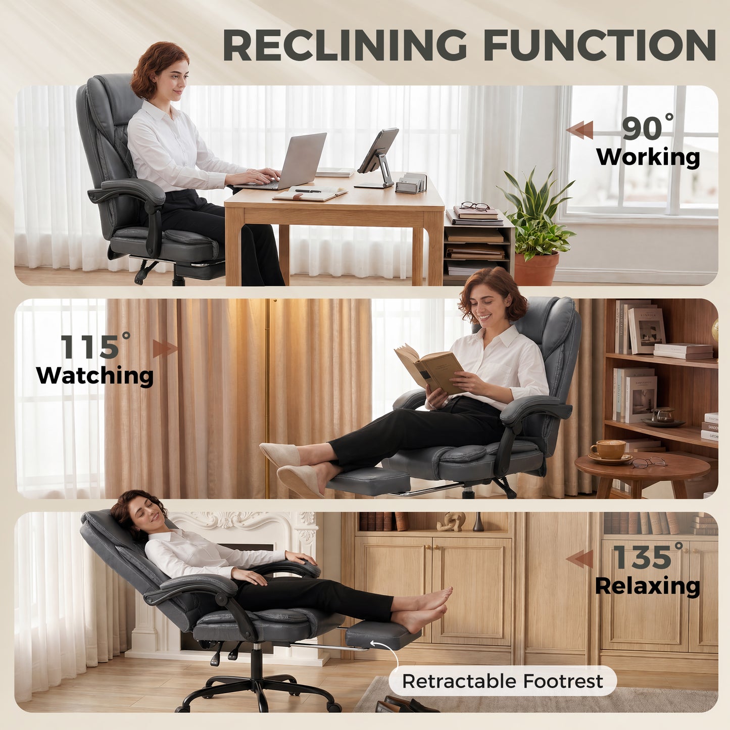 Executive Home Office Chair Reclining Function Footrest Computer Desk Chair High Back, Grey