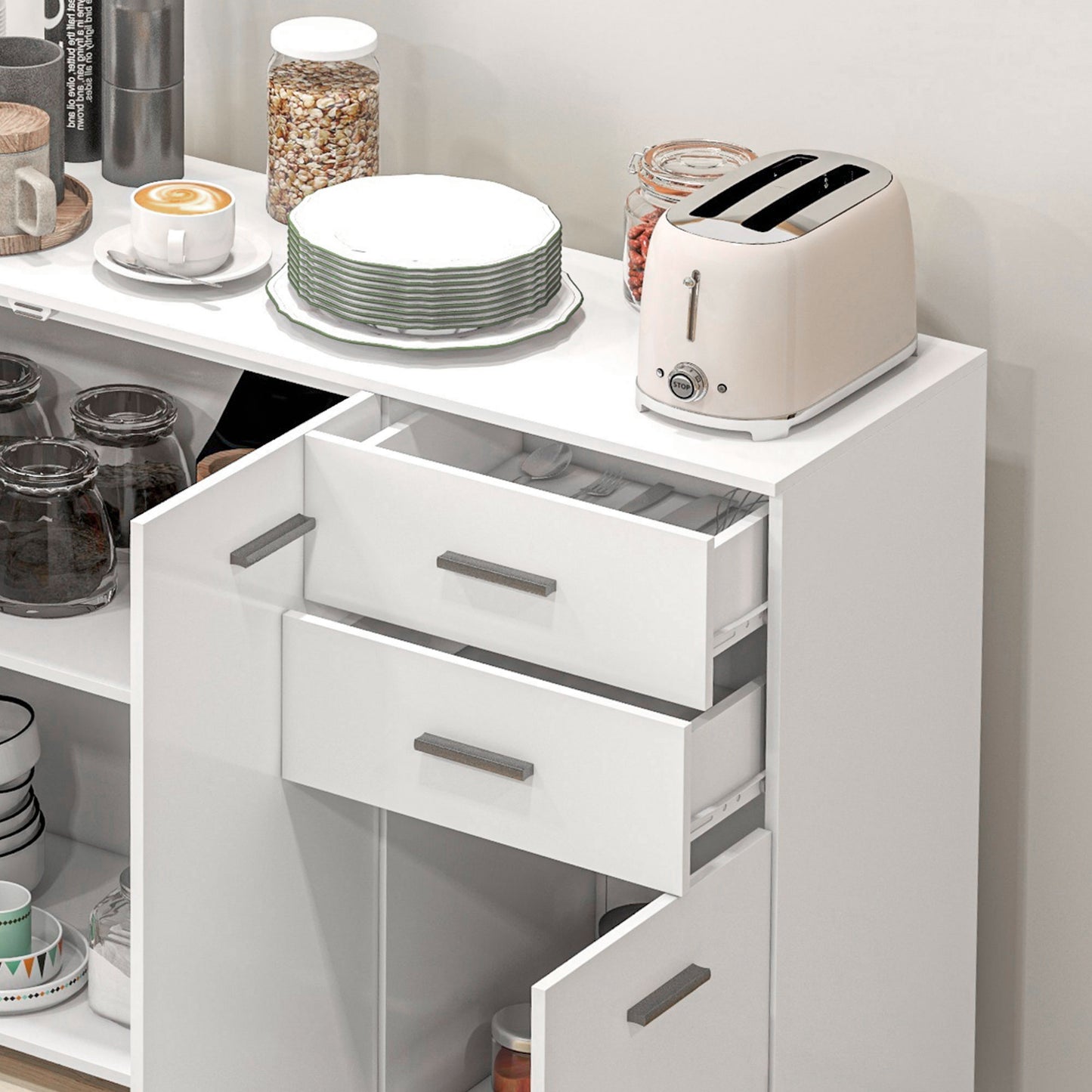 Sideboard, Modern Storage Cabinet with 2 Drawers, 3 Doors and Adjustable Shelves, Kitchen Cabinet for Living Room